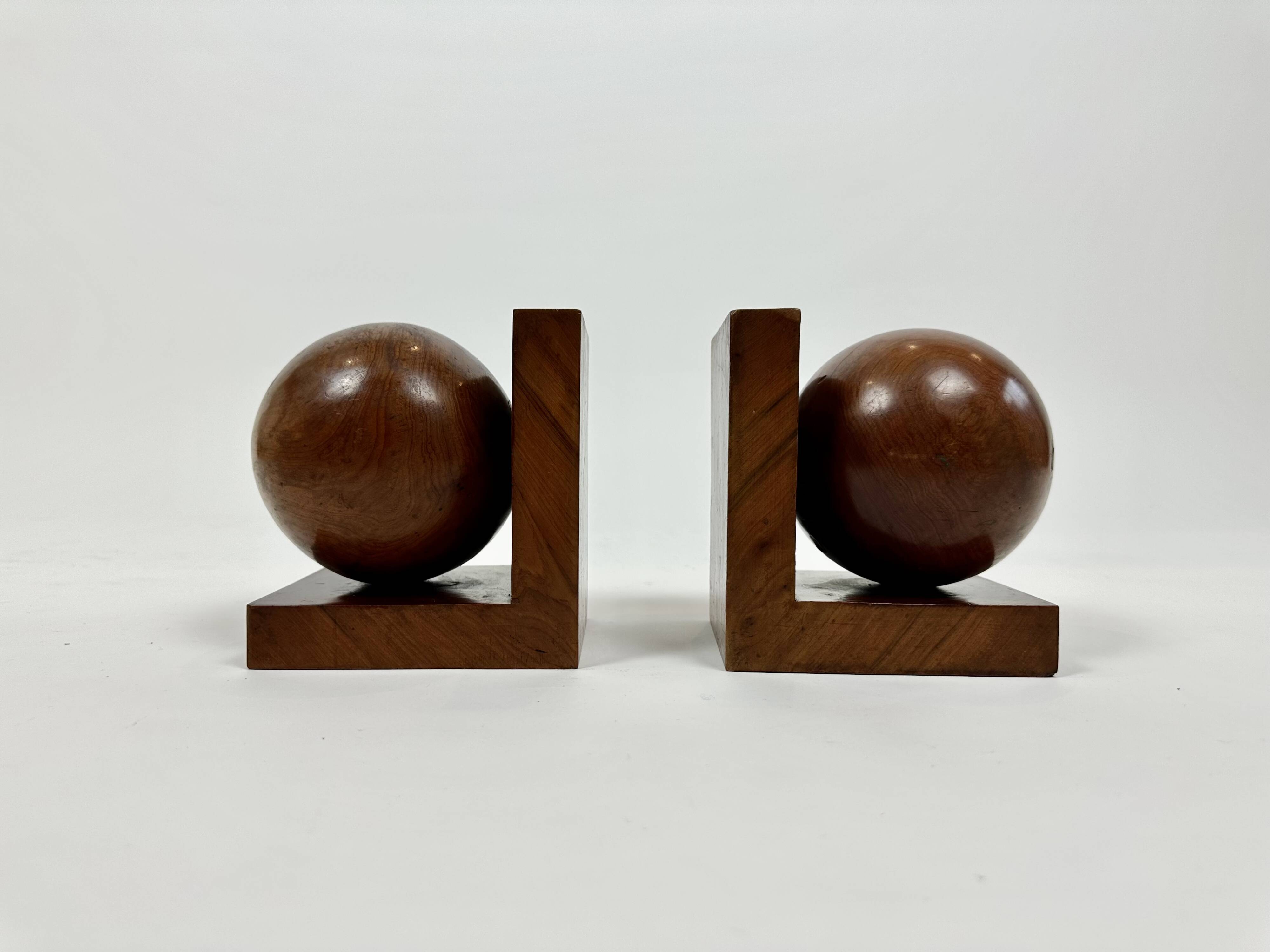 Serre-livres Art Déco antiques de style géométrique moderniste en loupe de bois massif, vers 1920