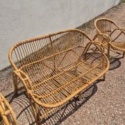 Rattan lounge with two armchairs and a vintage 1950s bench.