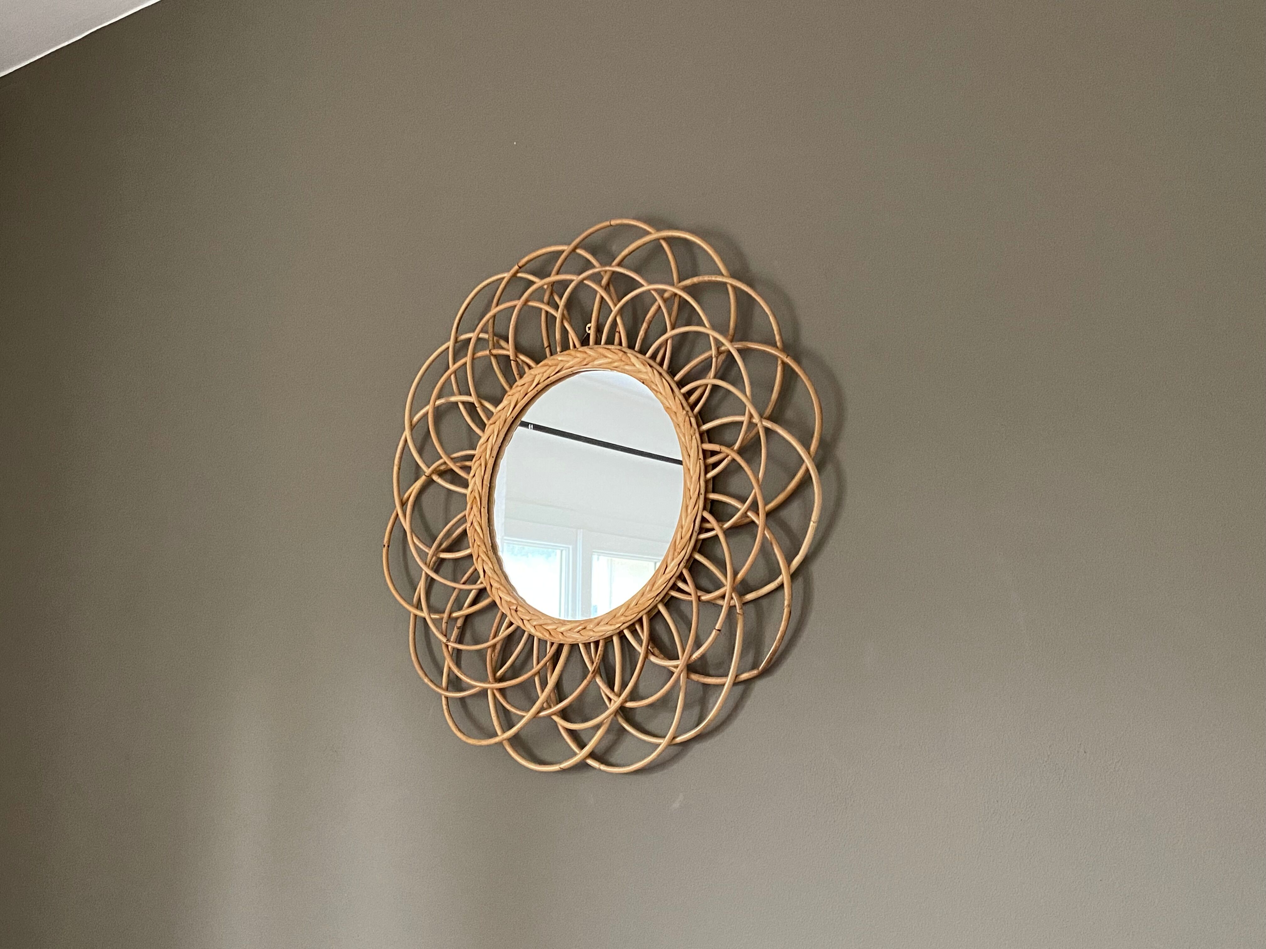 Miroir soleil vintage rotin arqué 55cm