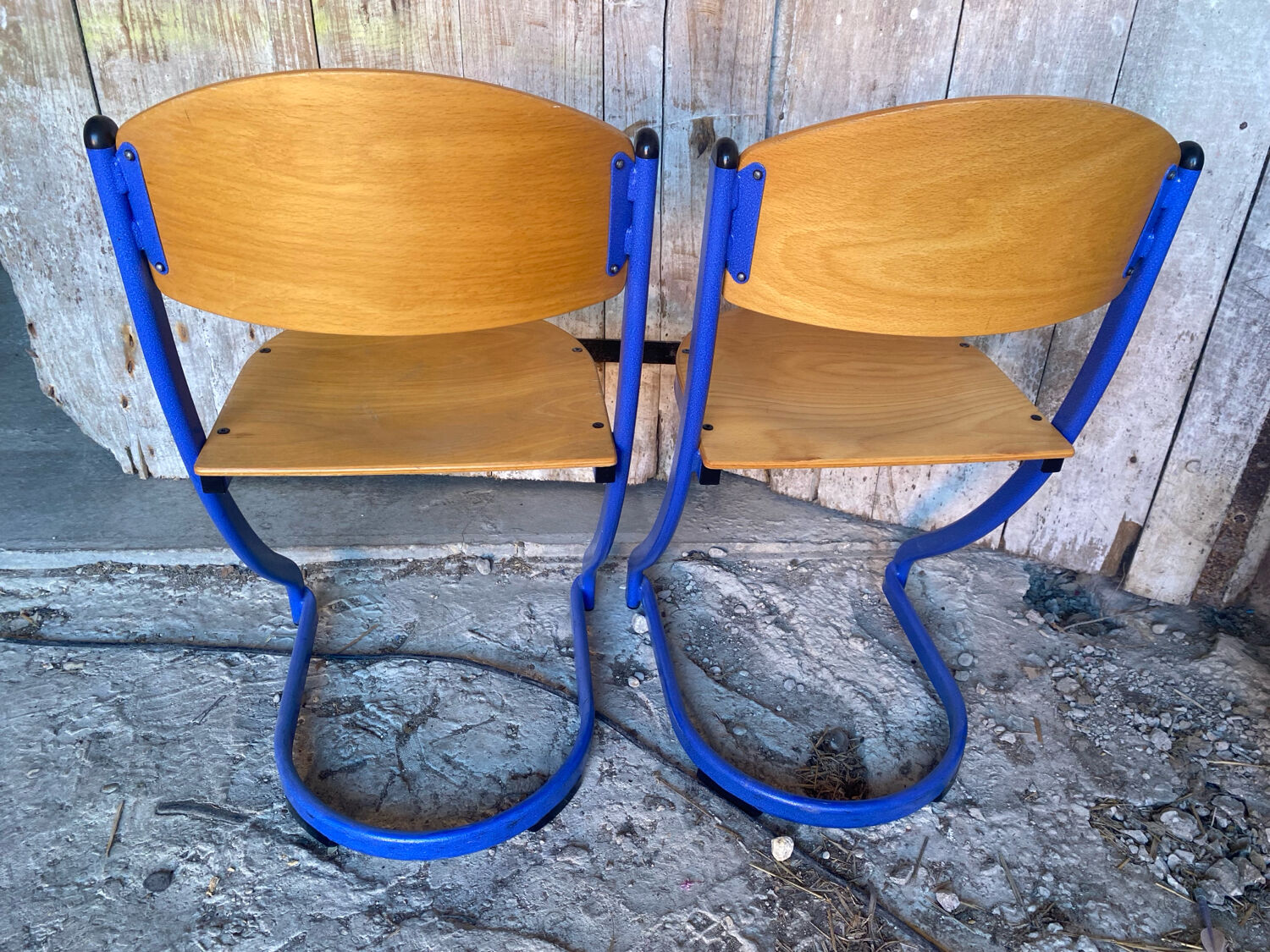 Pair of Chairs SOUVIGNET Model ELODIE Metal Blue & Wood Made in France