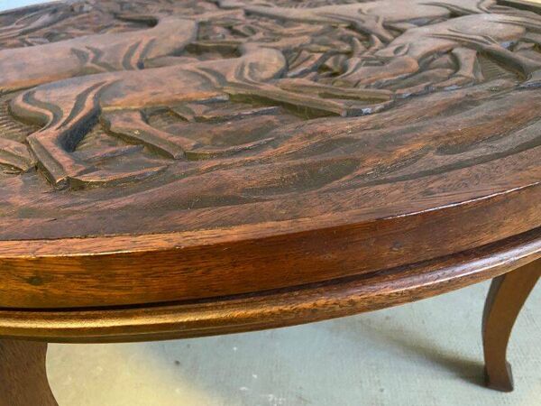 Mobilier d'Art Populaire Table Basse Circulaire Bois Massif Sculpté Années 30/40