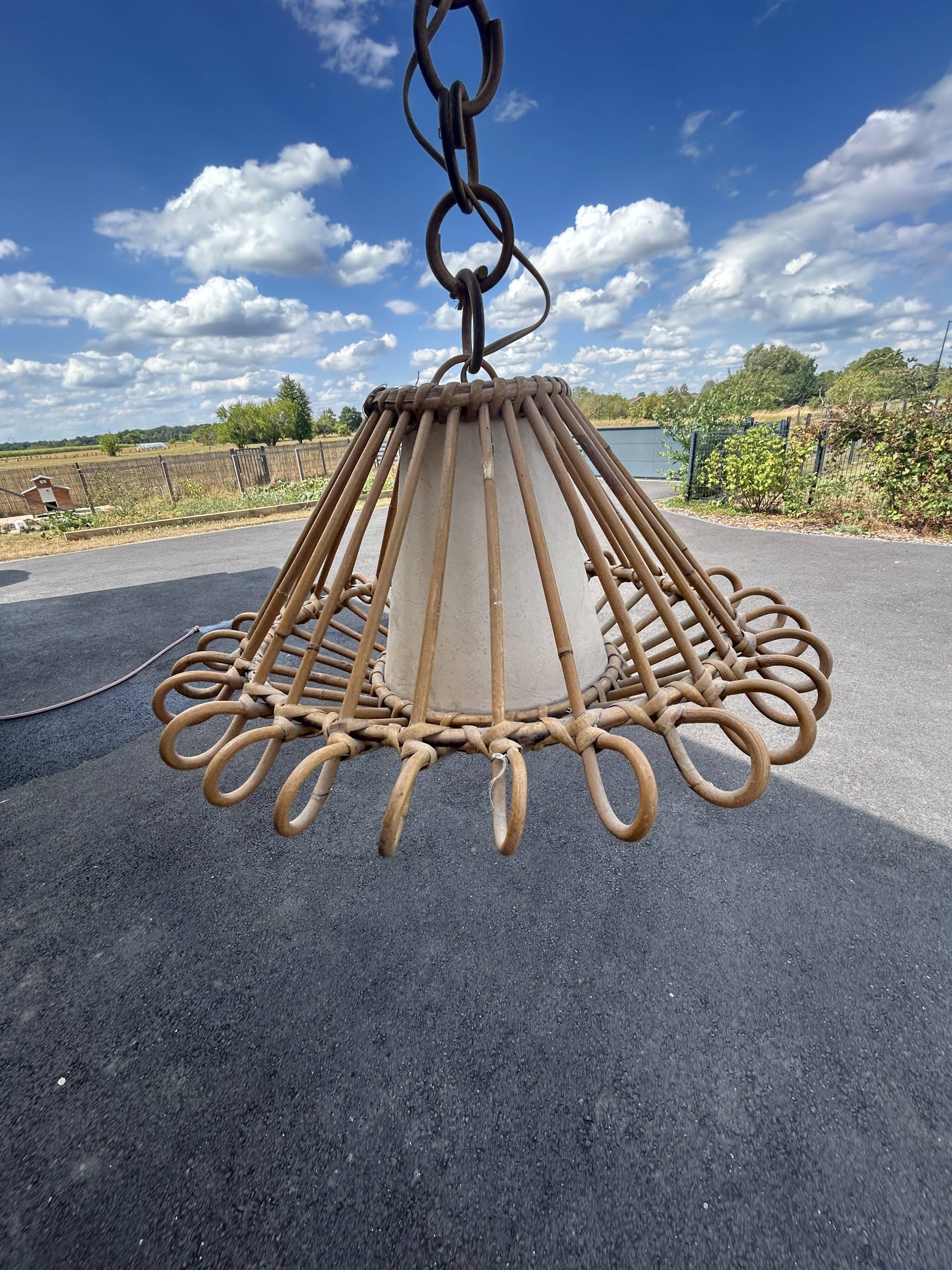 Vintage rattan and bamboo pendant – Louis Sognot style (1960s)