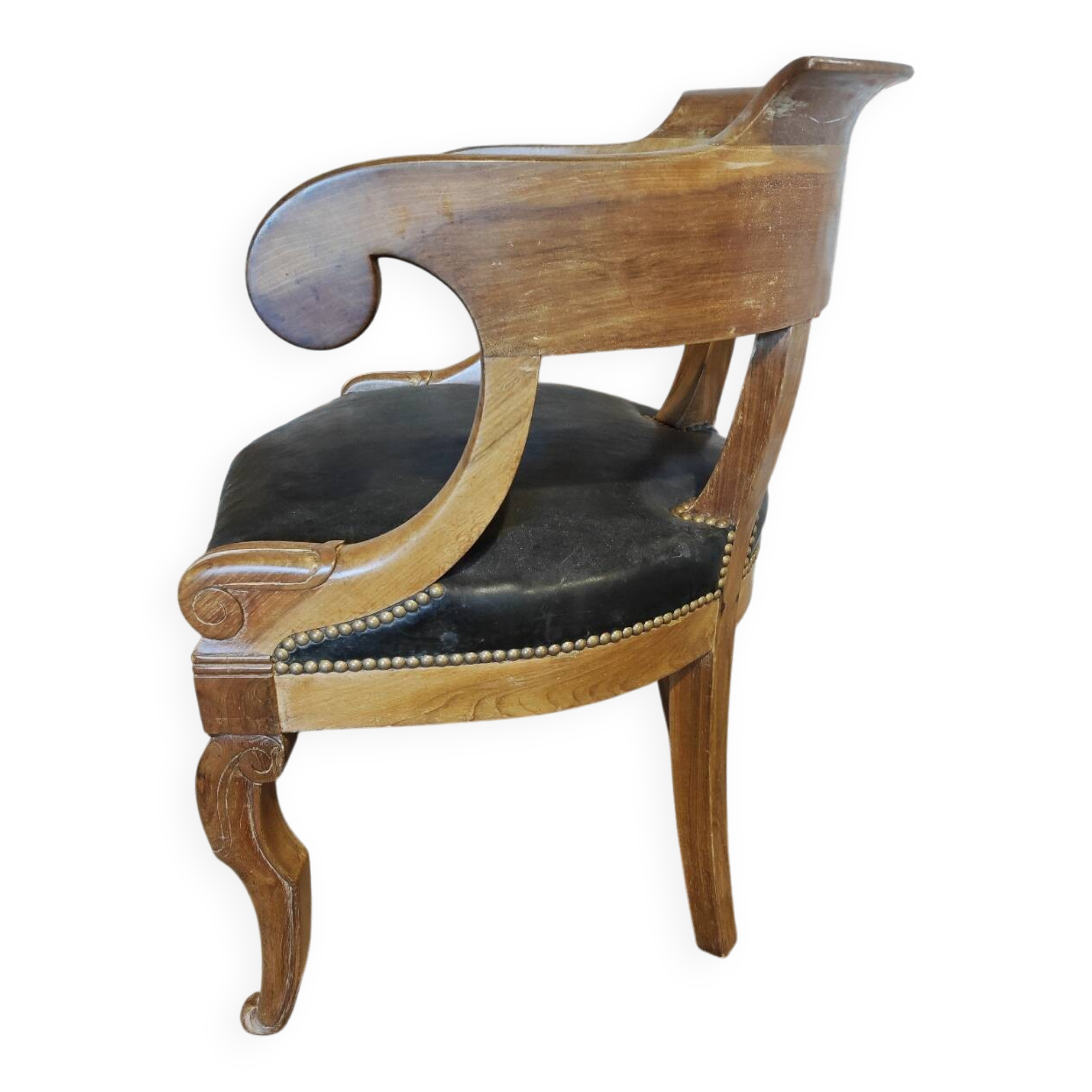 Antique Empire armchair in wood and black leather – gondola backrest