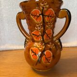 Old vase with brown ceramic handle + leaf decoration from the 70s vintage.