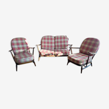 2-seater sofa and pair of Ercol armchair, 70s