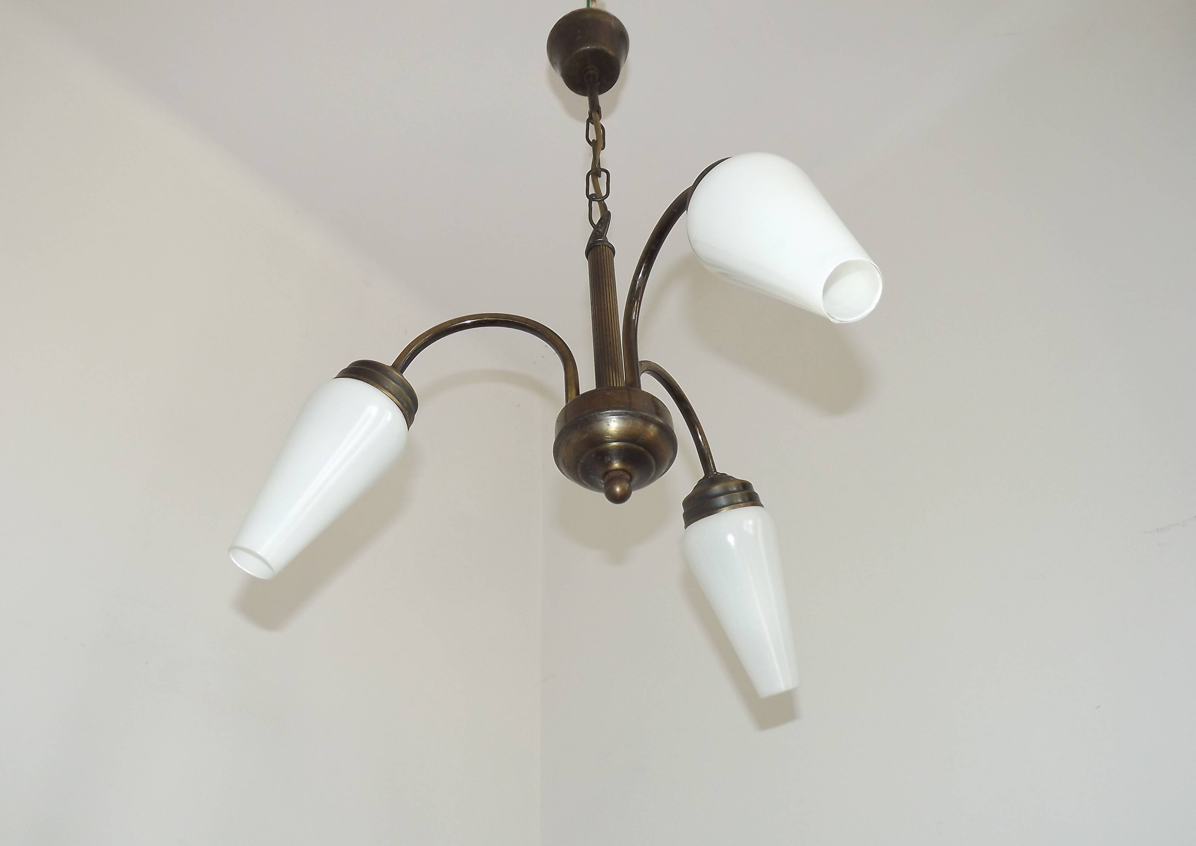 French Vintage Retro Bronze Effect Metal 3 Light Chandelier Glass Shade