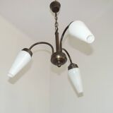French Vintage Retro Bronze Effect Metal 3 Light Chandelier Glass Shade