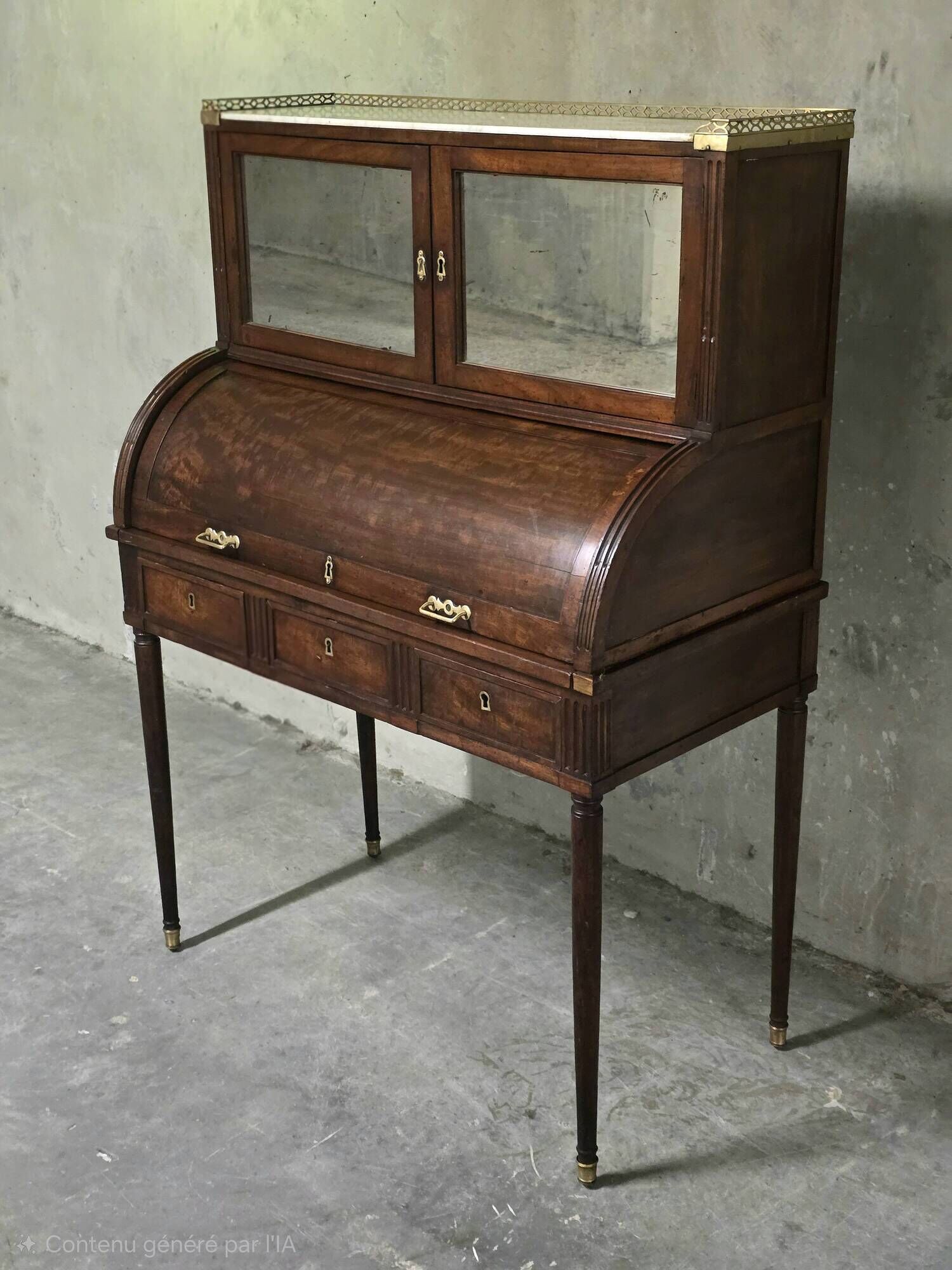 Cylinder desk in mahogany and mahogany veneer, Louis XVI style, 19th century.