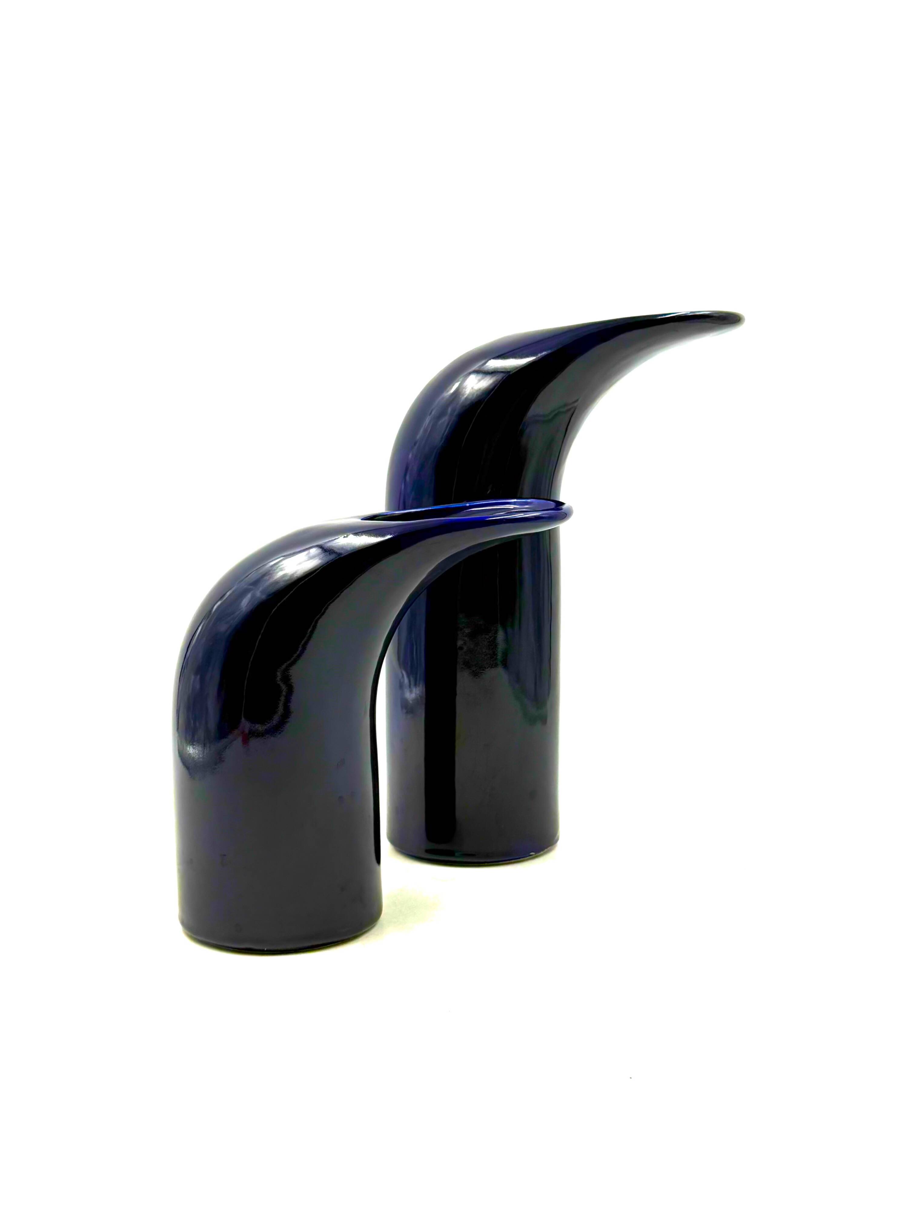 Space age set of 2 blue ceramic vase, Italy ca. 1970