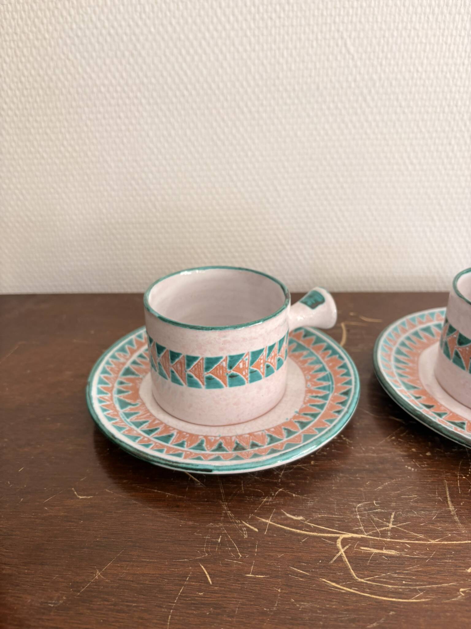 Old Pair of Ceramic Cups from Vallauris by Charles Voltz Pottery 1950 Geometric