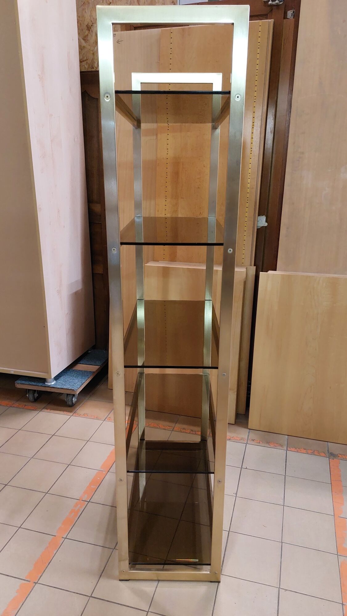 Vintage shelf in smoked glass and golden brass - 1970s