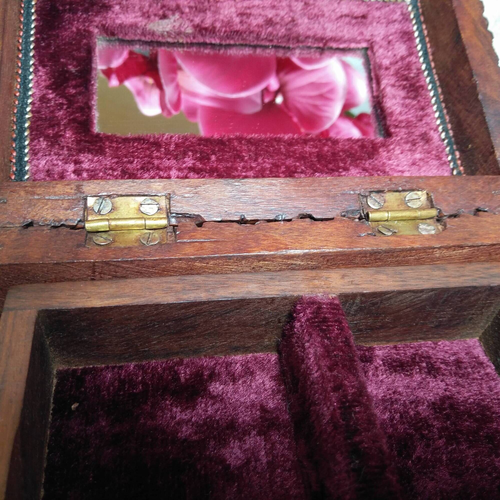 Ancient wooden jewelry box with mirror, engravings and brass décor,Asia India
