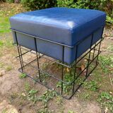 Square stool in black lacquered steel wire and blue leatherette circa 1970