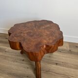 Brutalist coffee table, elm slice, tripod, 1960s