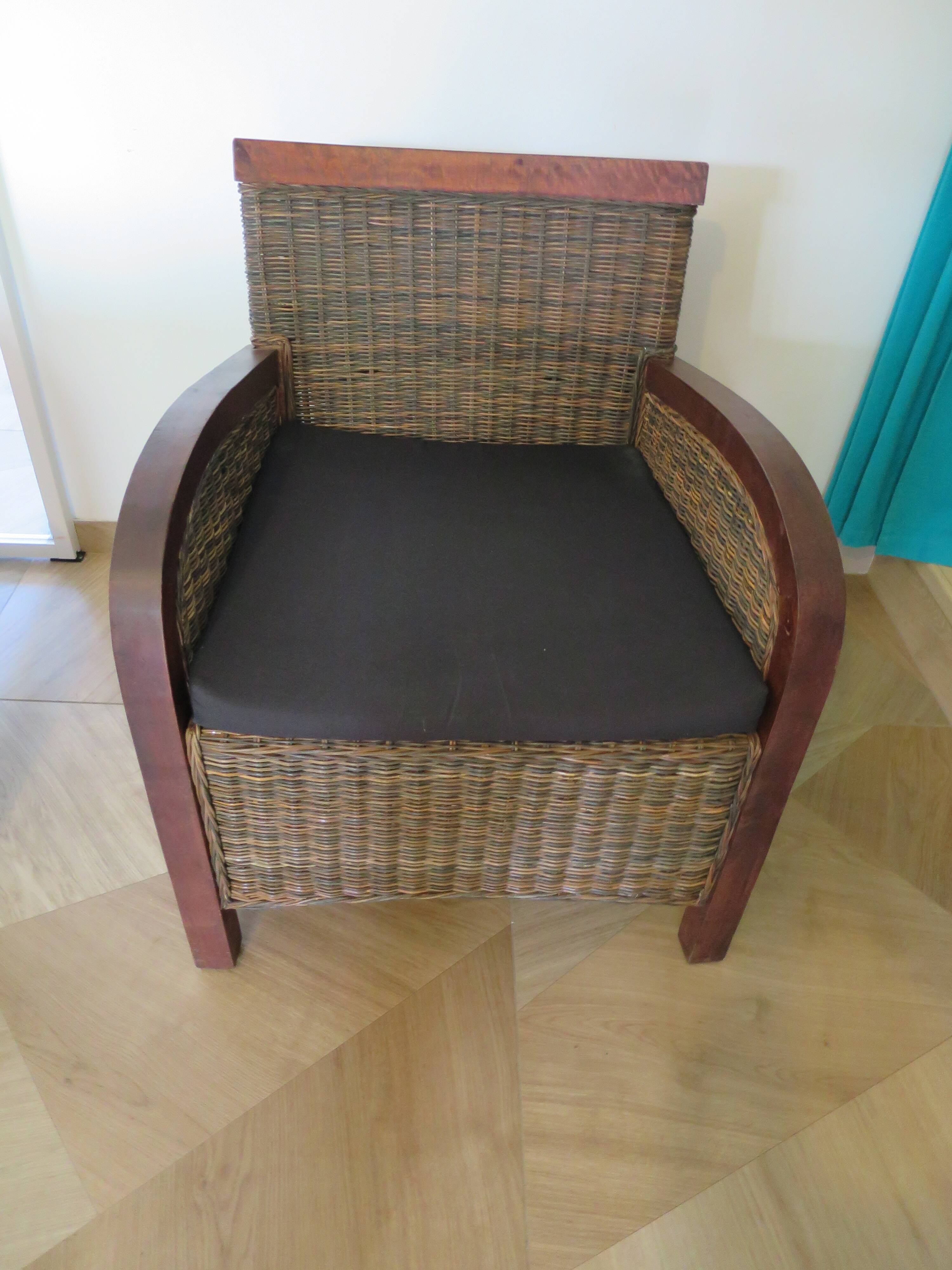 2 colonial-style armchairs in woven rattan and exotic wood