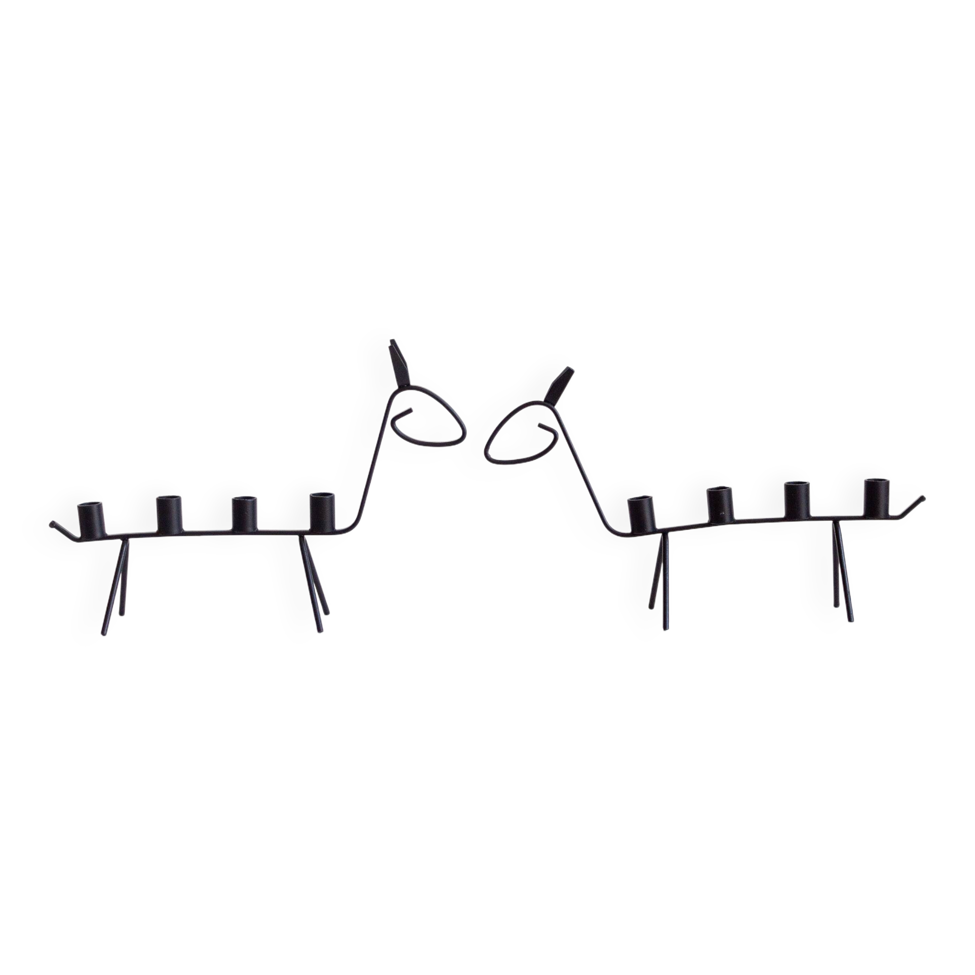 Pair of two zoomorphic wrought iron candlesticks with 4 lights, 1960s