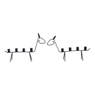 Pair of two zoomorphic wrought iron candlesticks with 4 lights, 1960s