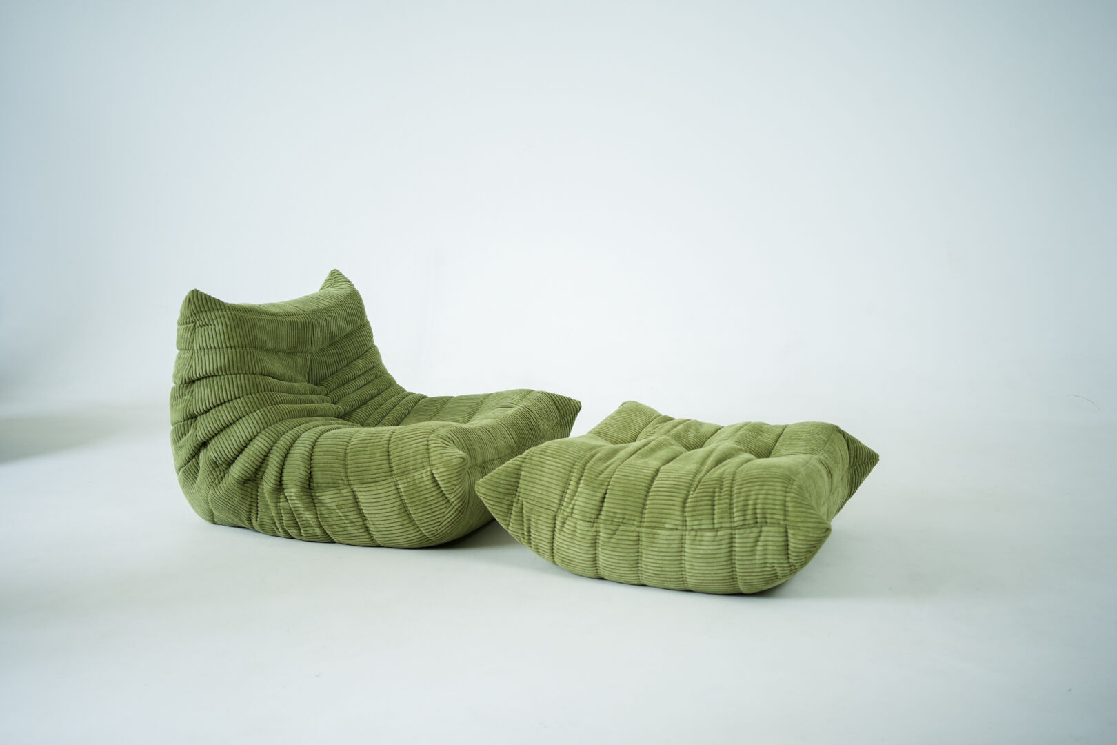 Togo Armchair and Pouf in Fresh green Corduroy