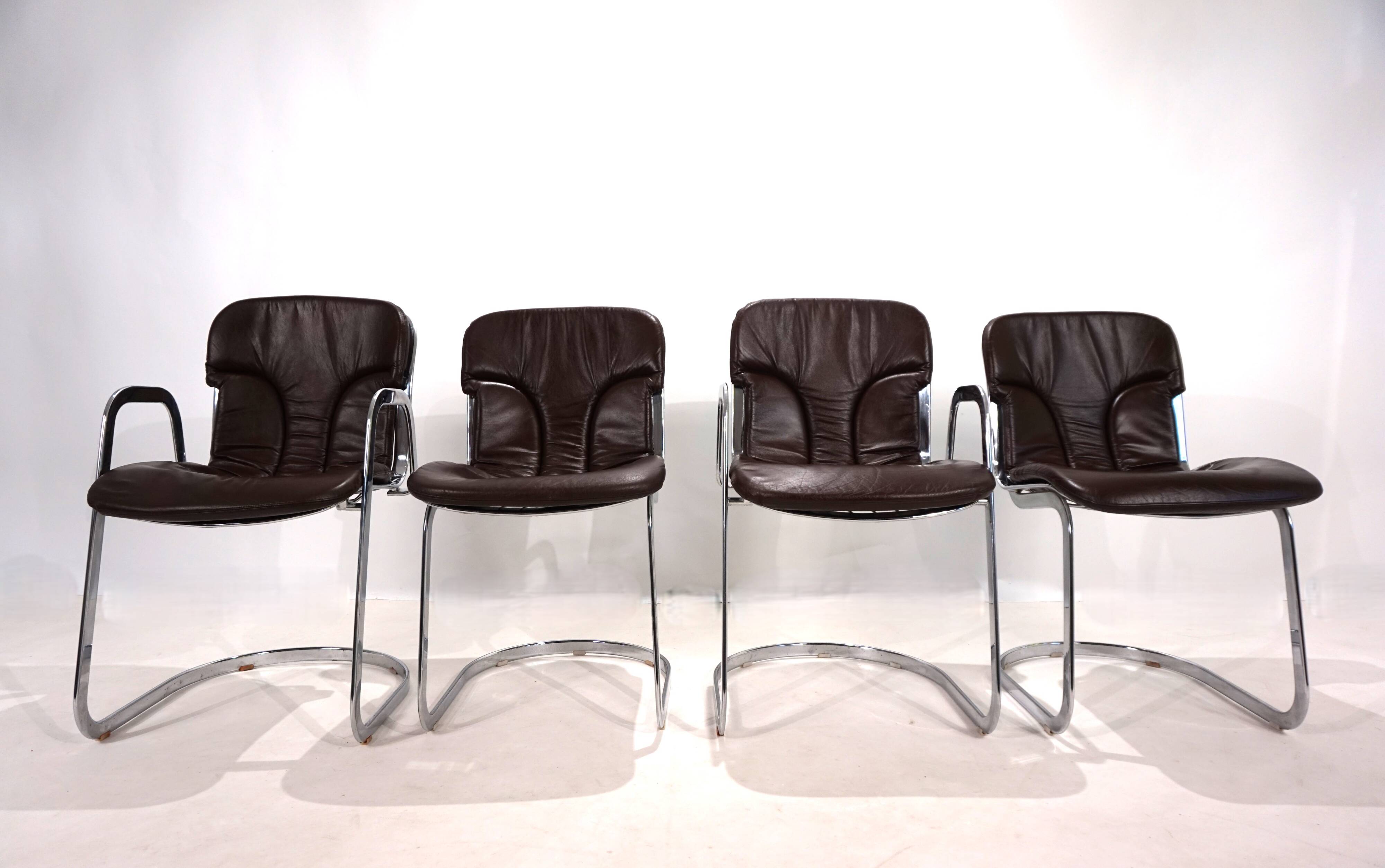 Set of four Cidue leather chrome cantilever chairs by Willy Rizzo, 1970