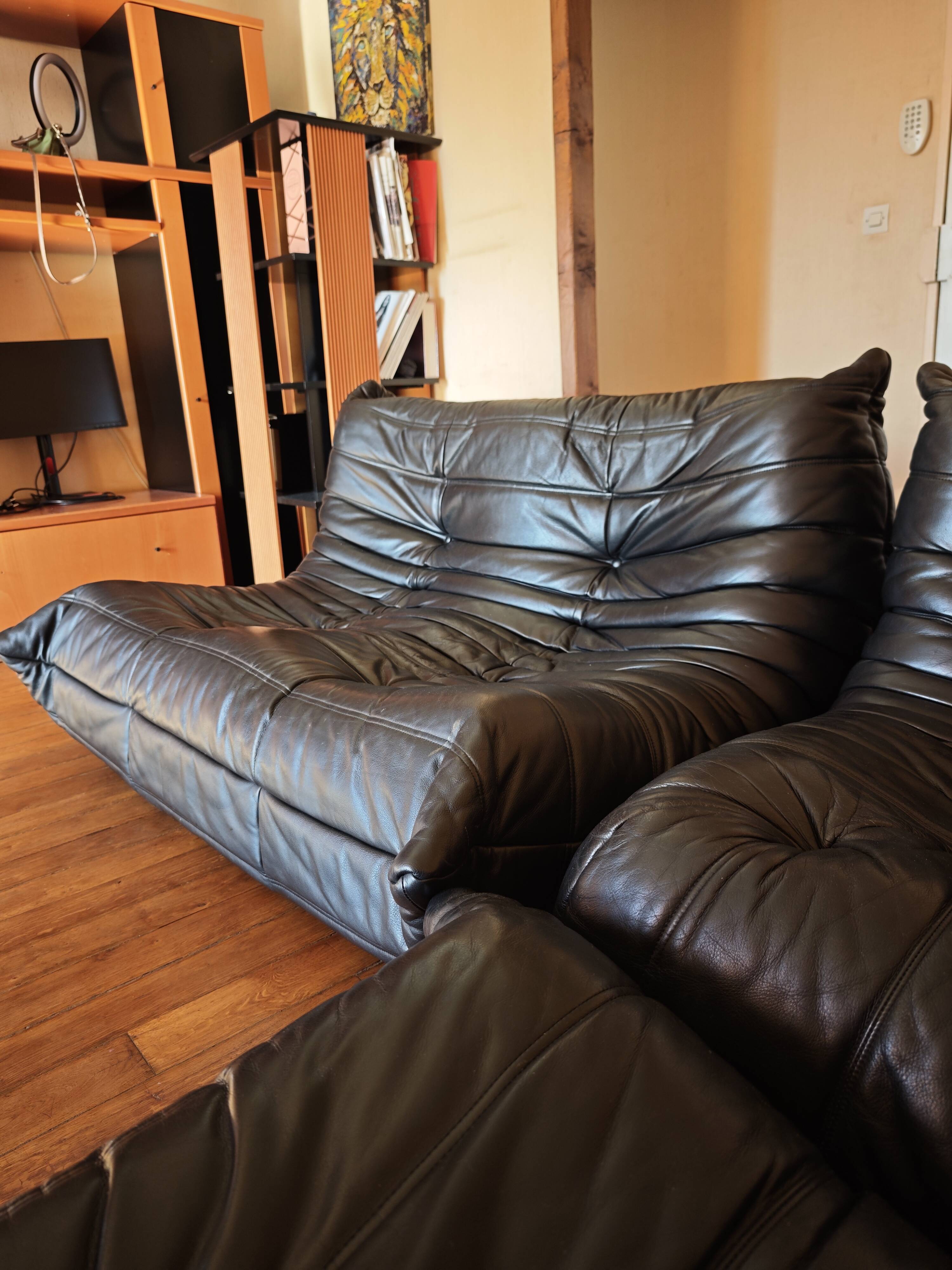 Ligne Roset Togo sofa, 3-seater, 2-seater, and corner in black leather.