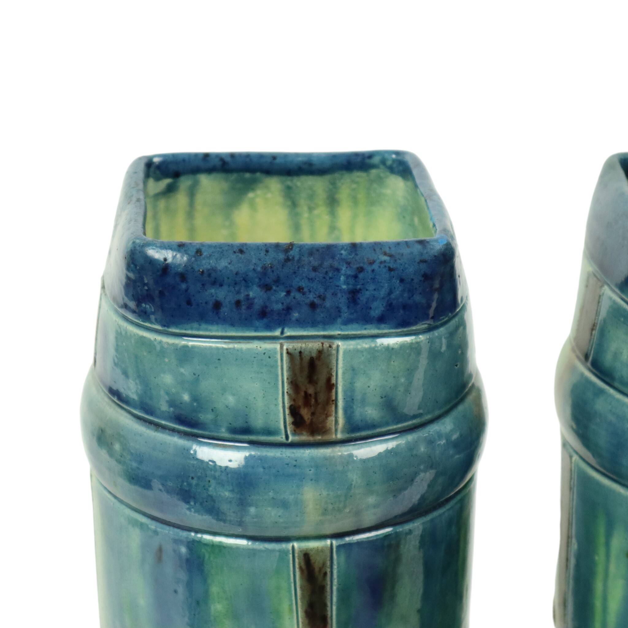 Pair of Blue Art Nouveau Vases Flemish Pottery Antiques