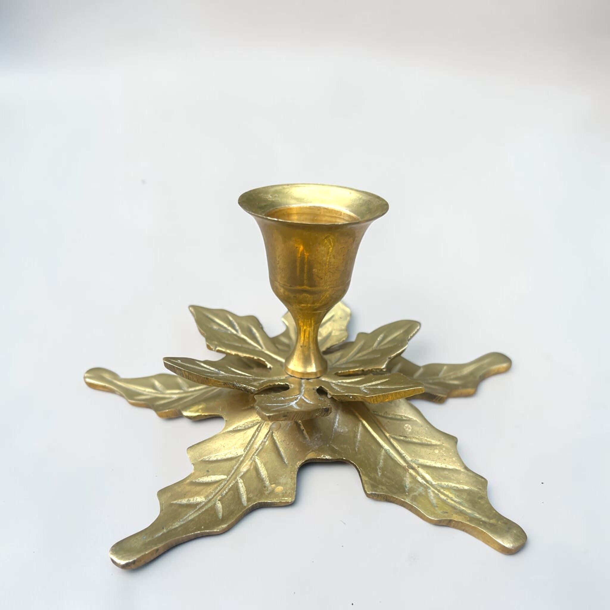 Brass candlestick in the shape of holly leaves _ bohemian chic candlestick