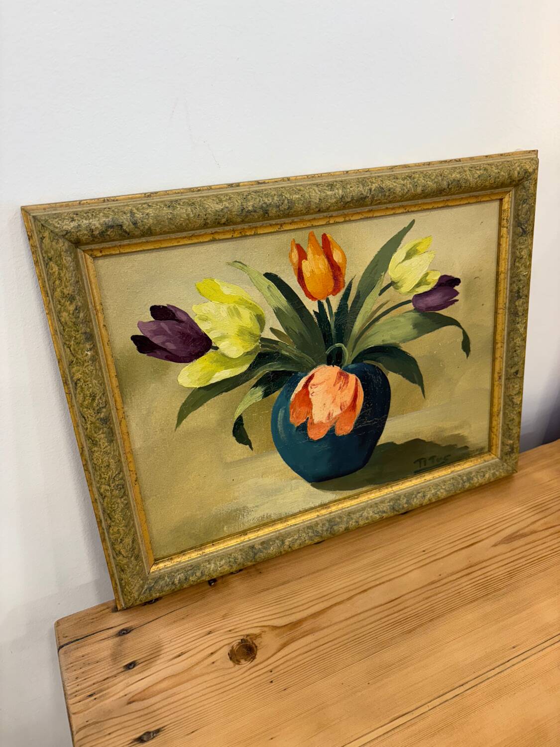 Oil painting of tulips signed Titus.