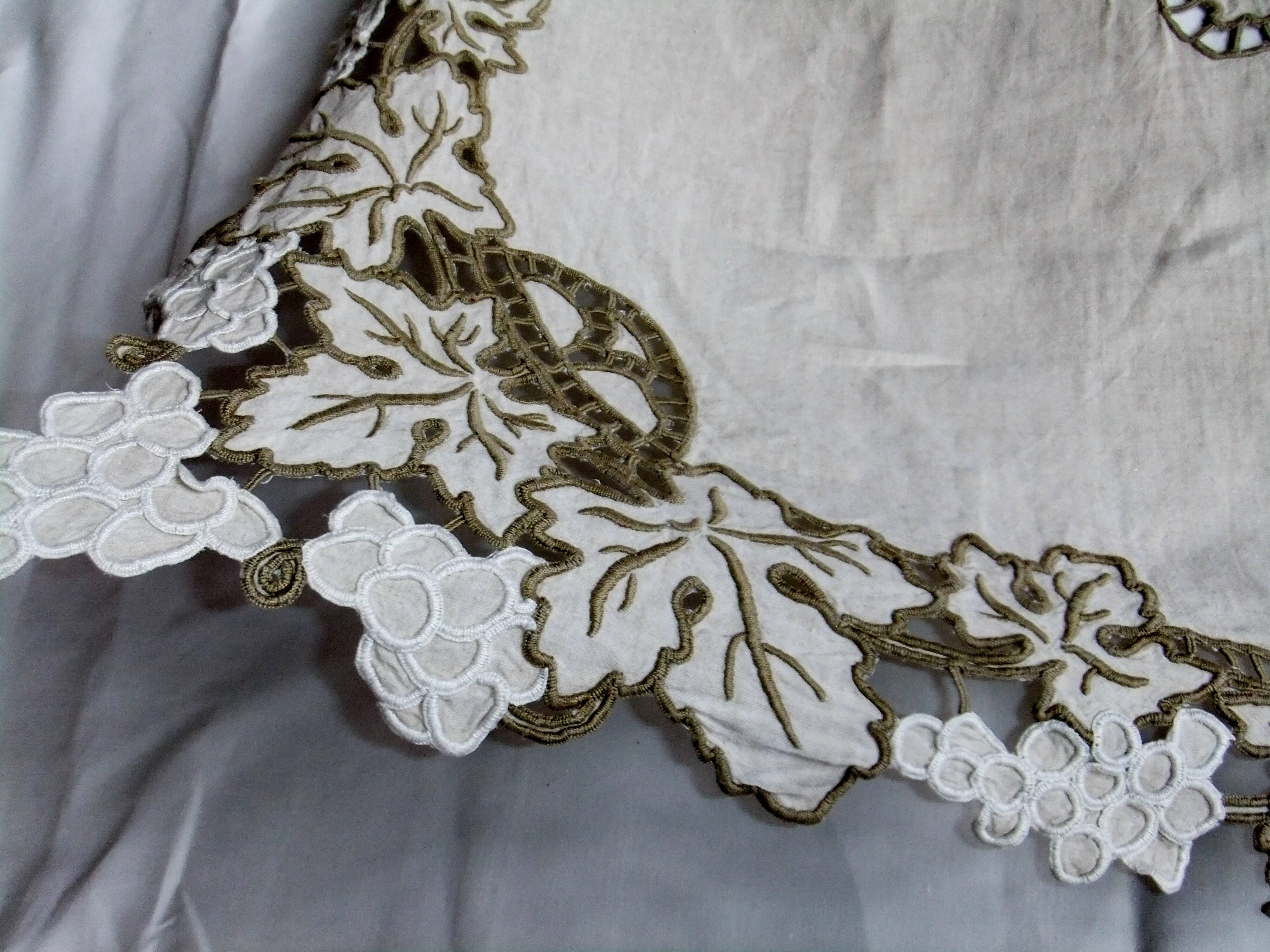 Antique linen tablecloth embroidery Richelieu scalloped linen centerpiece 128 cm