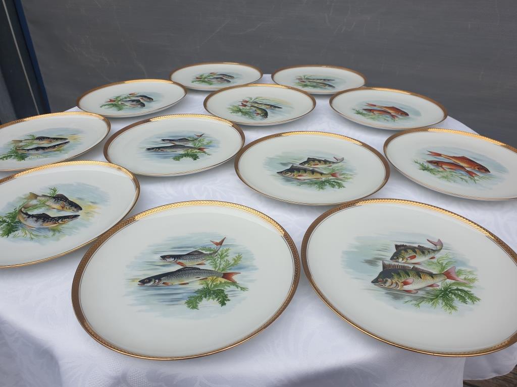 Set 12 plates porcelain fish edge laurel gold Bernardaud