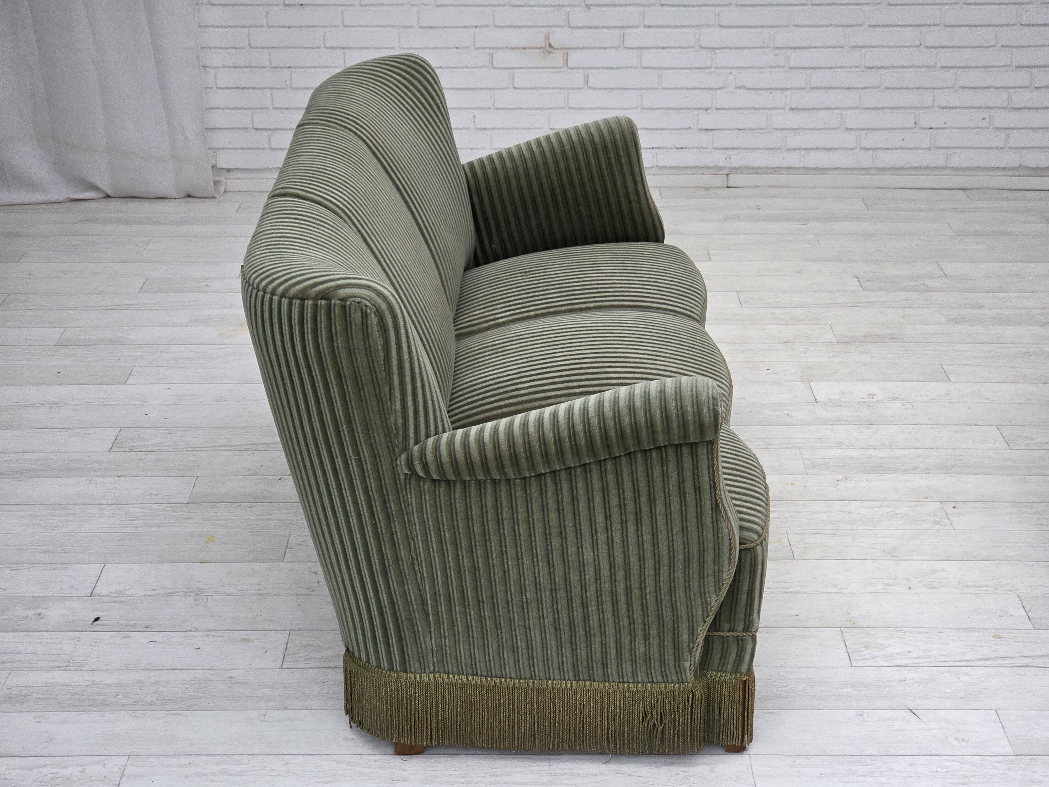 1960s, Danish 3-seater sofa, original green furniture velour, oak wood.