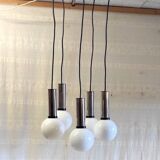Cascade suspension with 5 chrome metal lights and opaline globes - 1970s