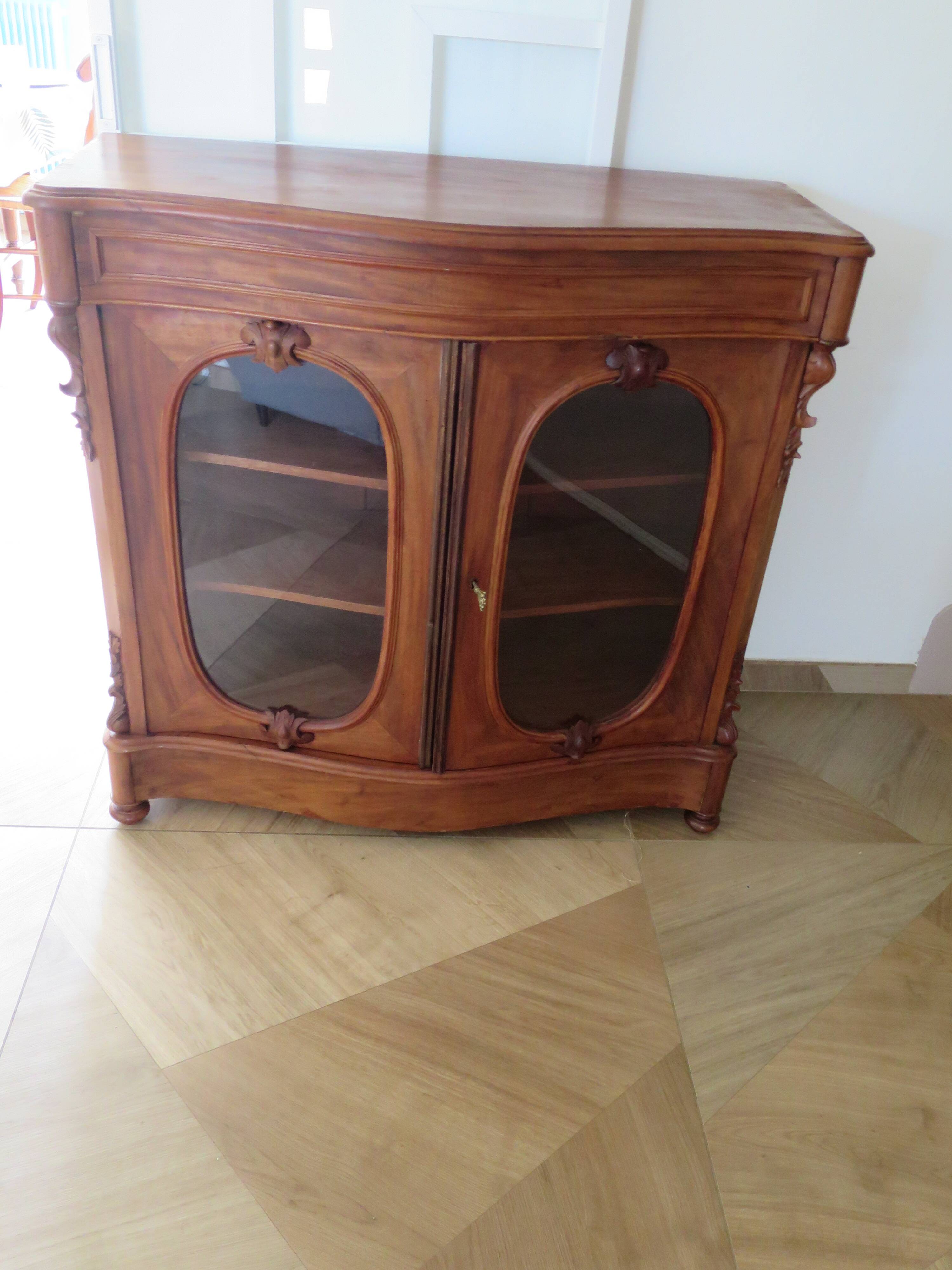 Curved showcase library carved wood 2 doors mahogany English style