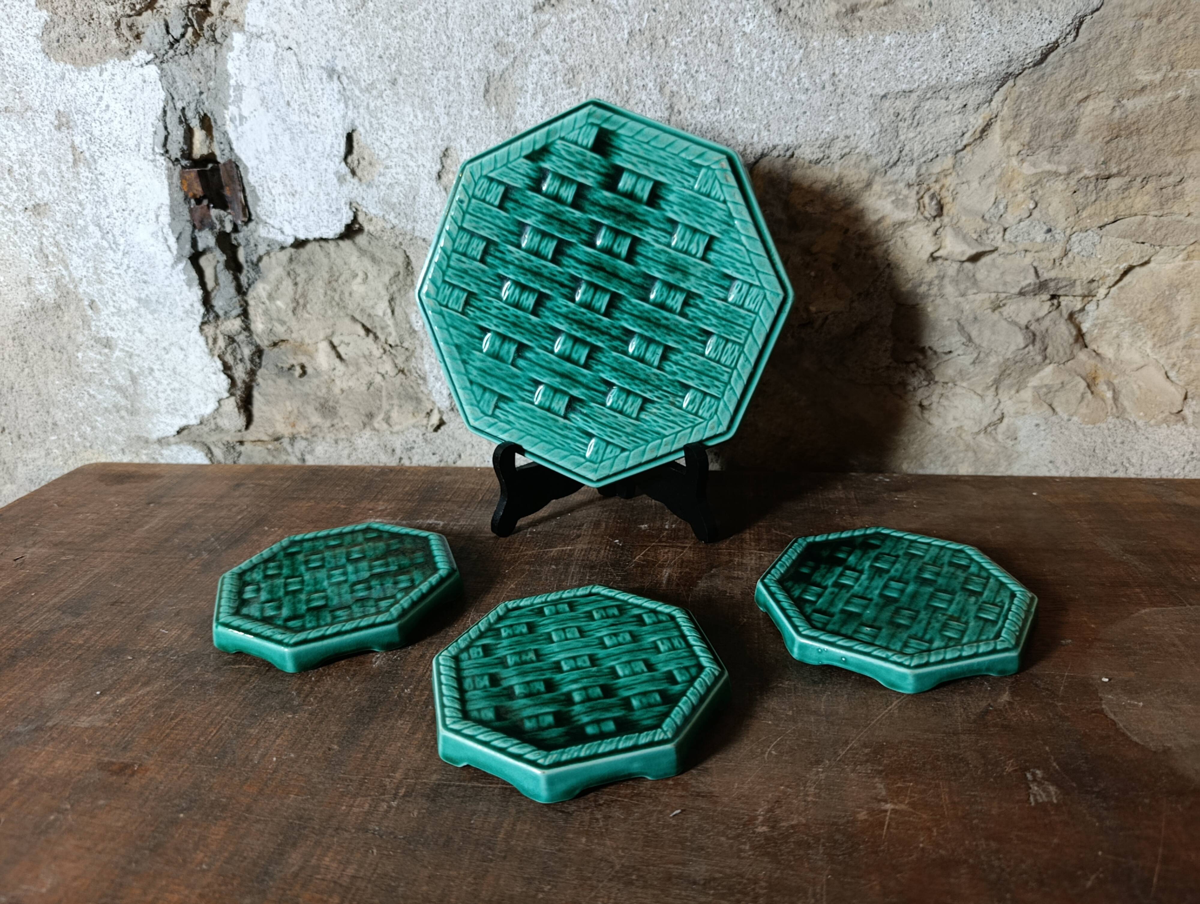 Vintage Digoin France emerald green majolica trivet and coaster set