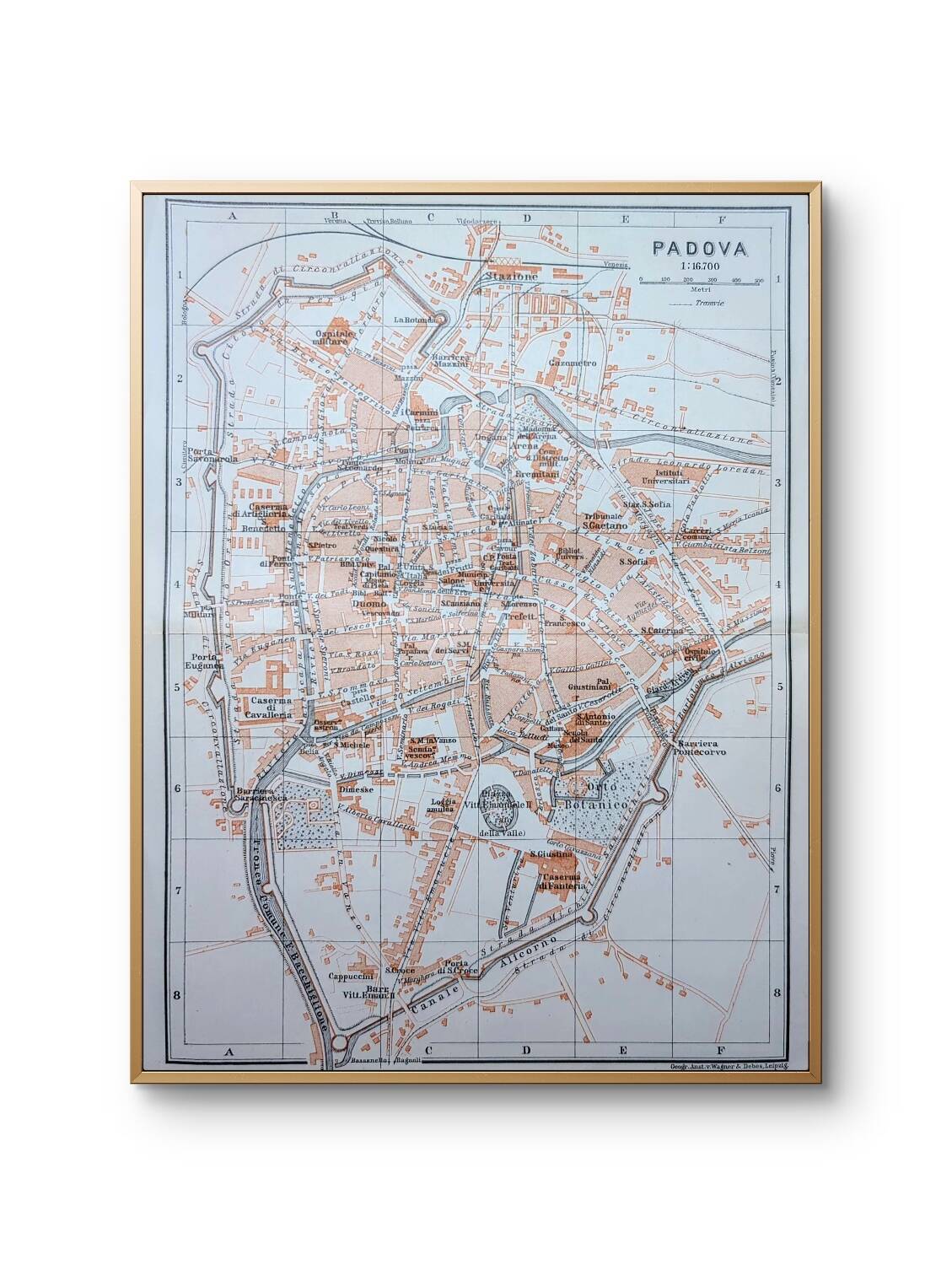 Printed in 1909, map of Padua (Padova), Veneto, Italy.
