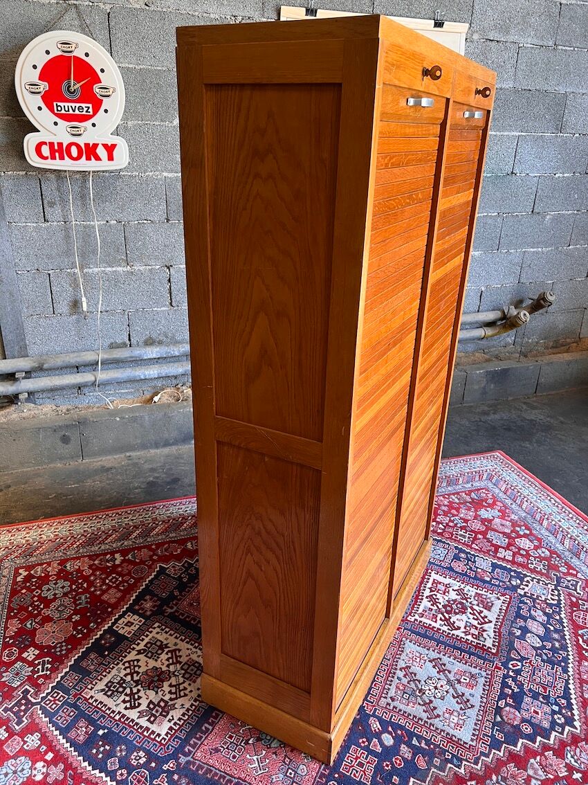 Meuble classeur double rideau vintage en chêne clair - Années 50