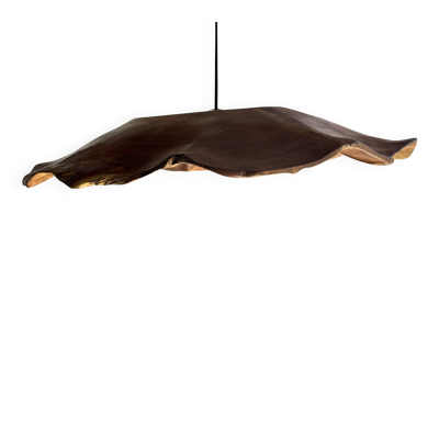 Très grande suspension feuille plate ondulée en teck fleur stries D:60