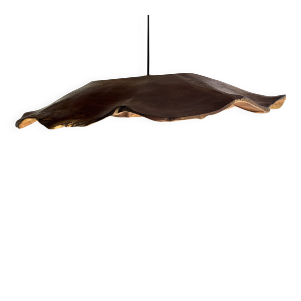 Très grande suspension feuille plate ondulée en teck fleur stries D:60 — Beyit