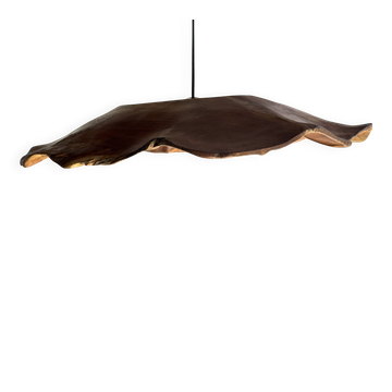 Très grande suspension feuille plate ondulée en teck fleur stries D:60