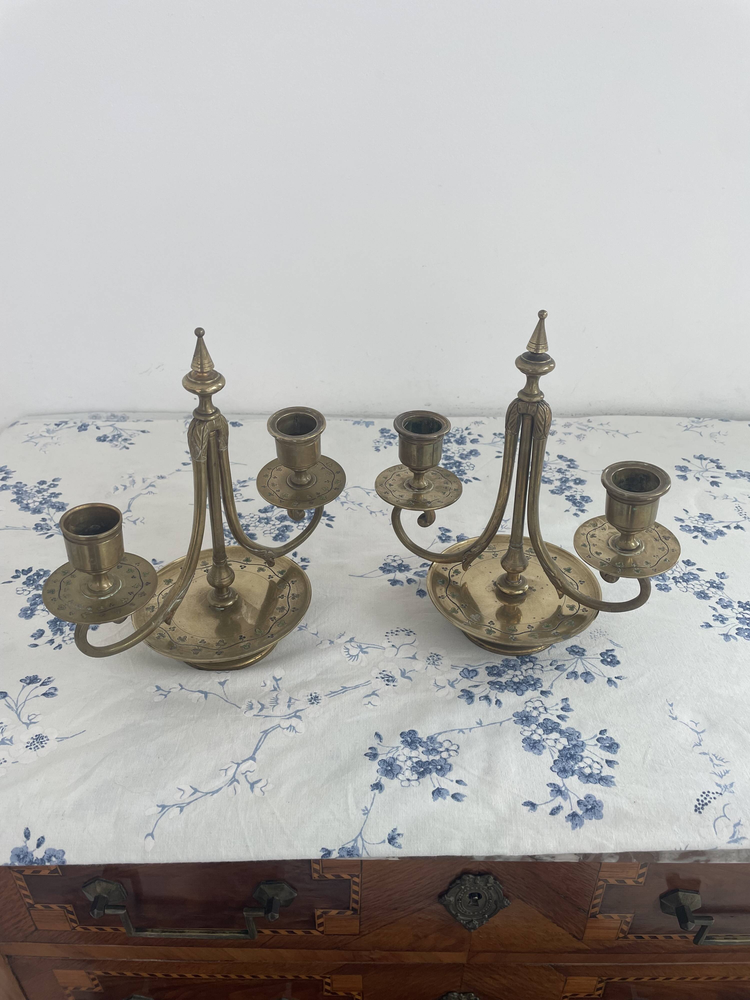 Pair of candlesticks, gilded and enamelled brass, Art Nouveau, early 20th century