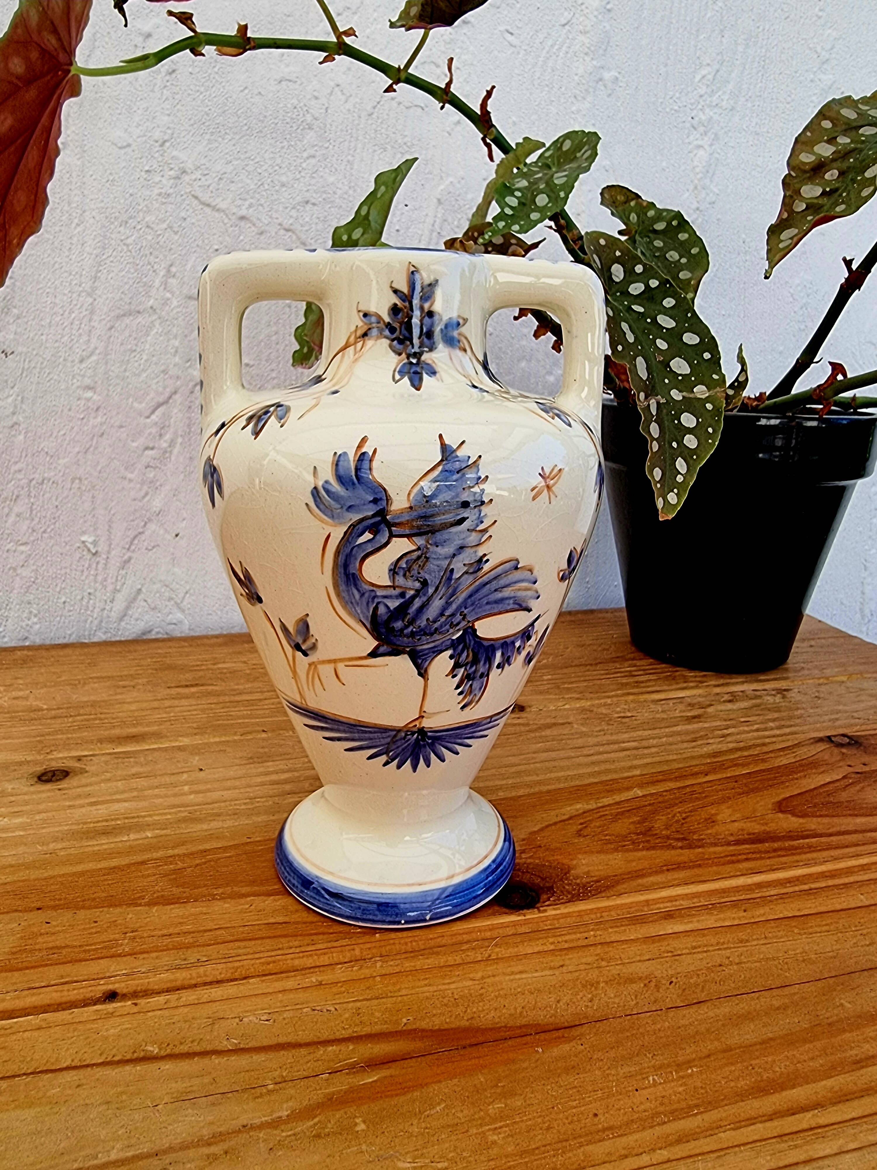 Earthenware vase signed Péguet Grignan – blue decoration – craftsmanship from the Drôme region