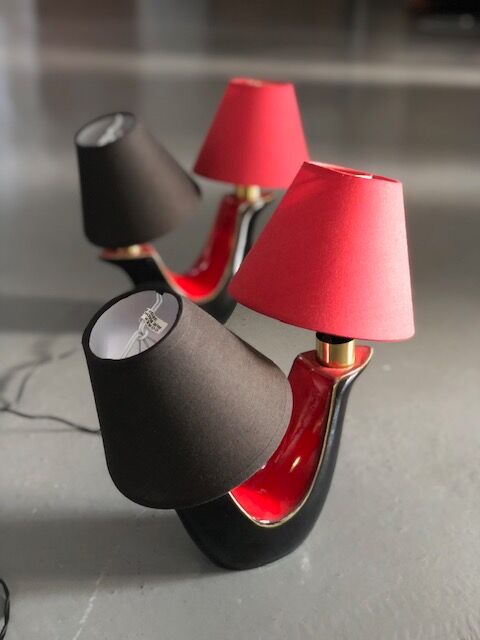 Pair of double fire lamps in red and black ceramic 50s