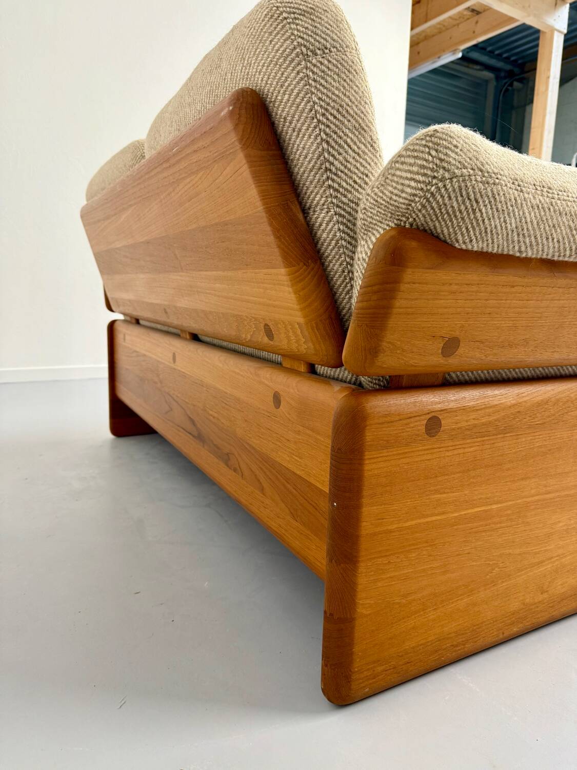 Old sofa in solid elm and vintage 80s design fabric Seltz France