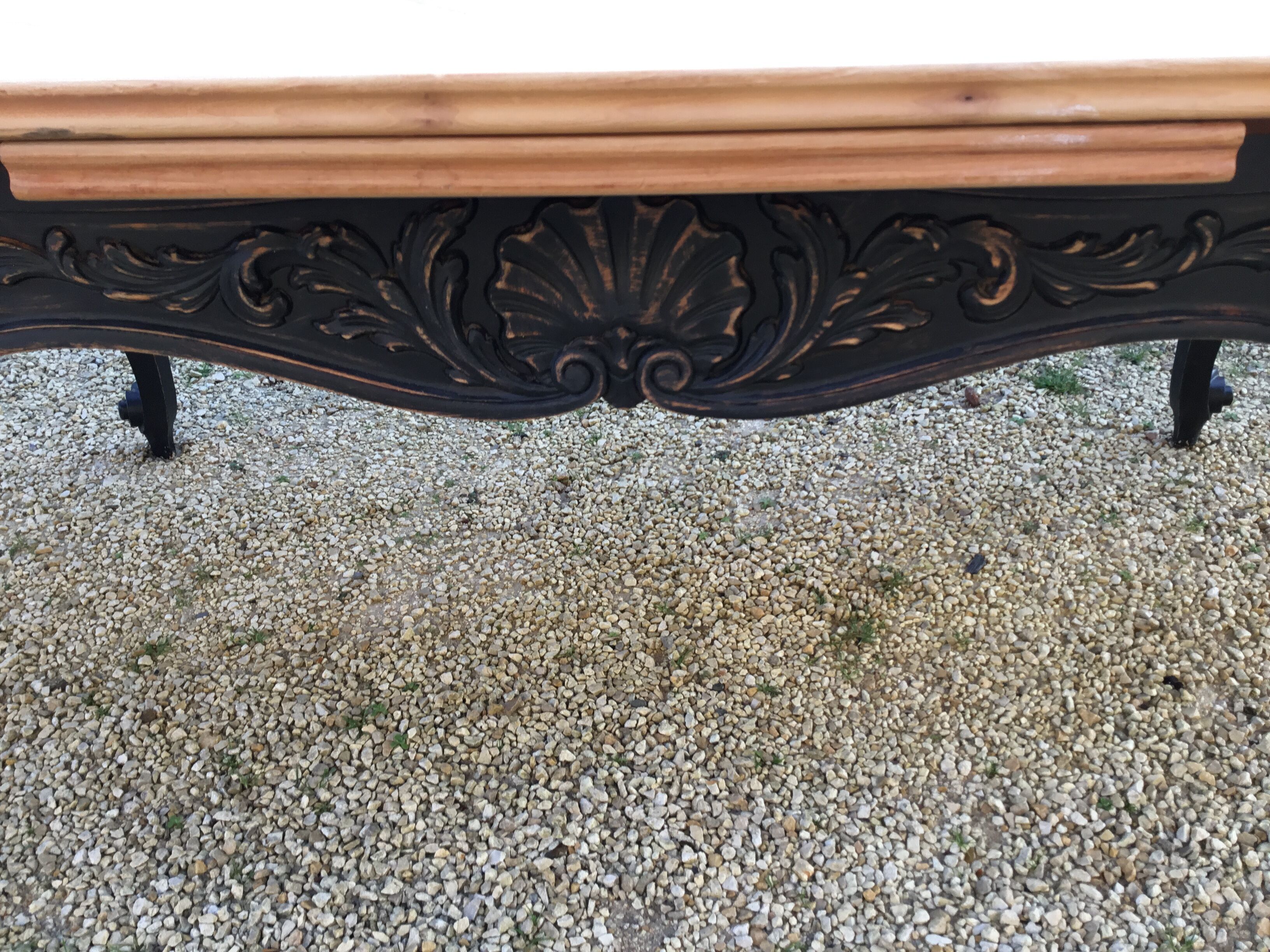 Louis XV style table in cherry wood restyled base in black and raw wood top