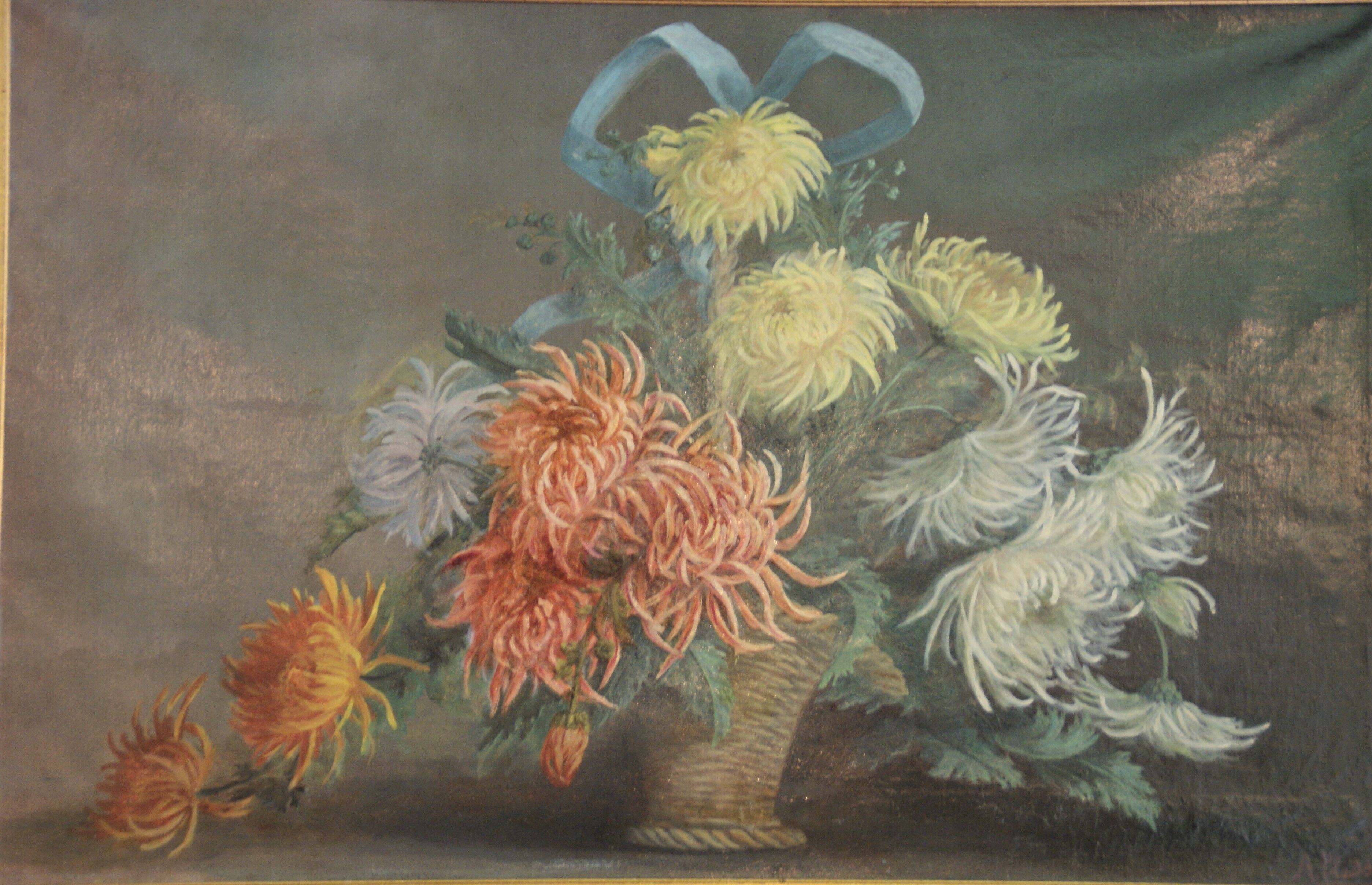 Tableau bouquet de fleurs huile à décor de chrysanthèmes signé  A.Plessy