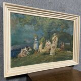 Claudius denis (1878-1947): large oil painting on canvas depicting a lively gallant scene