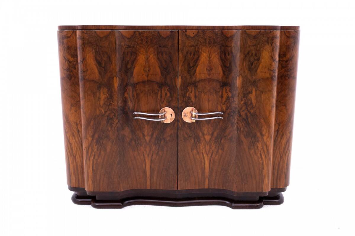 Art Deco walnut commode cabinet, Western Europe, mid-20th century.