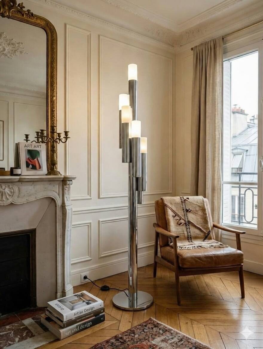 Iconic floor lamp by Gaetano Sciolari, chrome, 1970s - Space Age vintage