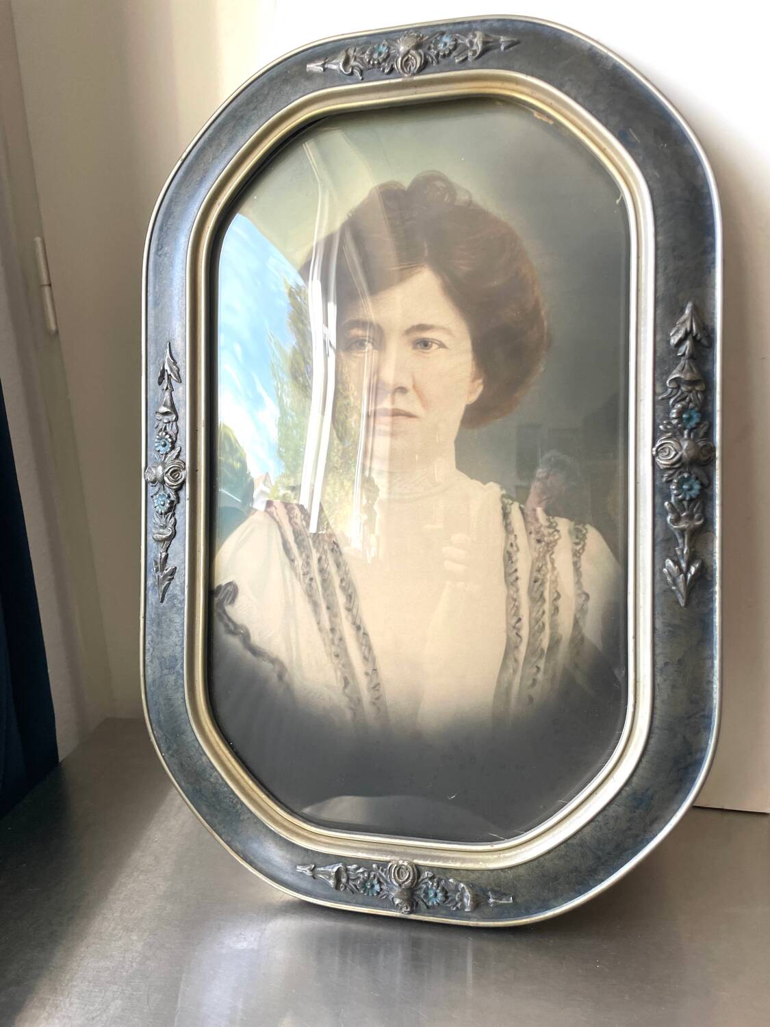 Giant antique  v silver & blue colored picture frame  hand painted black & white  antique photo portait of a lady   with convex   bubble glass   frame  53 cm x 35 cm