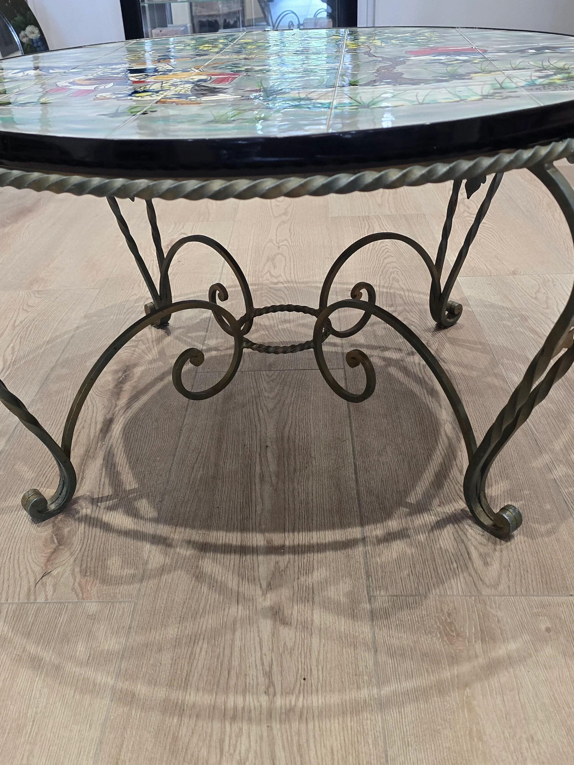 Vintage coffee table J&G Picard Vallauris – Glazed ceramic top with Japonese-style decoration