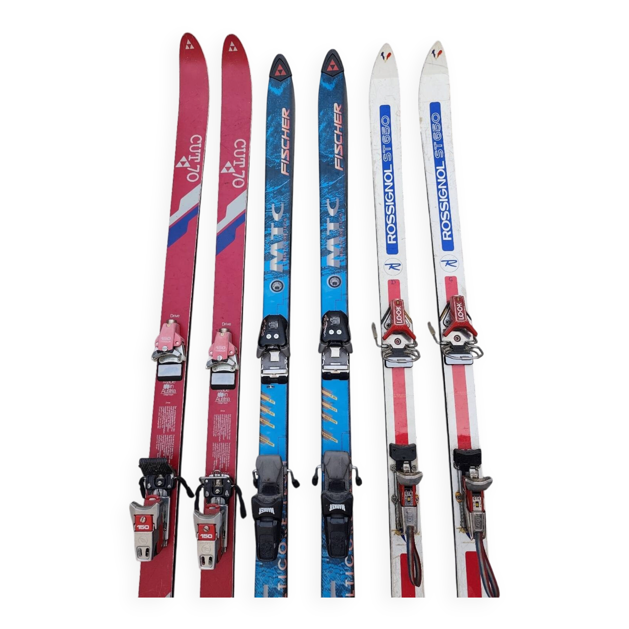 3 pairs of vintage skis: Rossignol Strato, ST 650 & Fischer.
